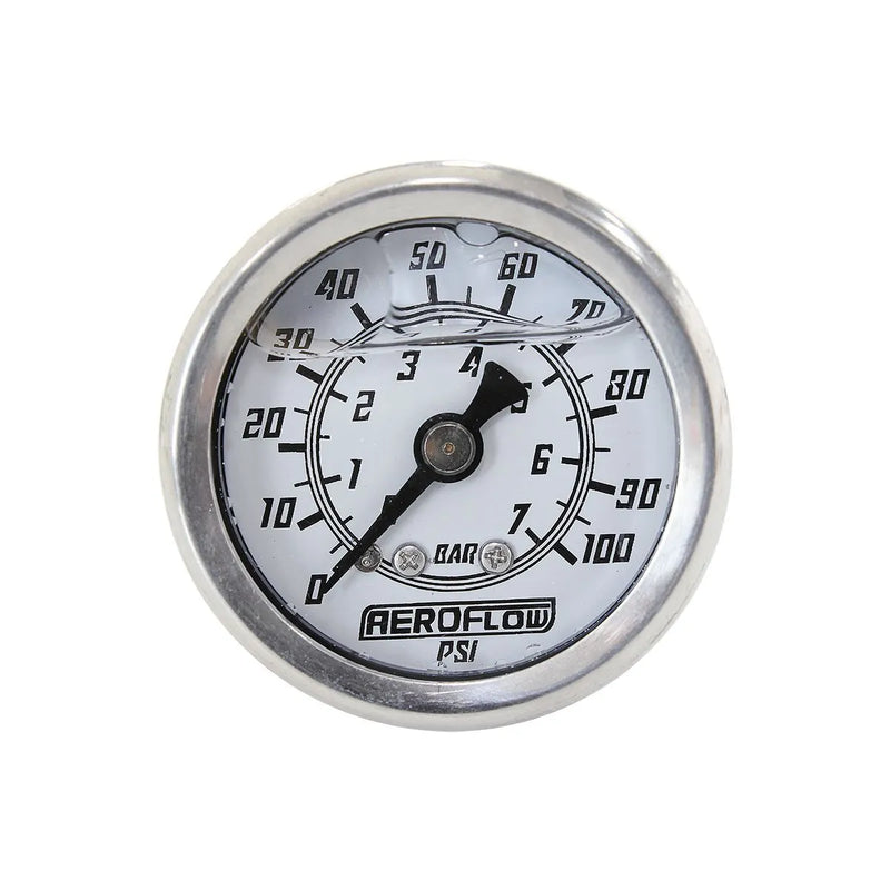 Aeroflow 1 1/2" 0-100 PSI Liquid Filled Pressure Gauge - White Face/Black Pointer