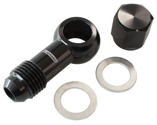 Aeroflow 90° Fuel Pump Banjo Kit - Black -6AN, Includes Banjo Fitting & Cap AF49-1034BLK