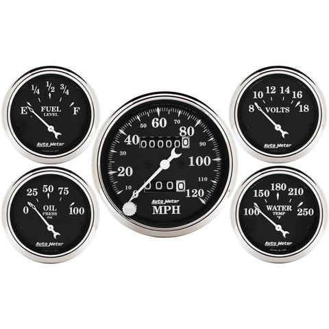 Autometer 5 Pc. Gauge Kit 3-1/8" & 2-1/16" Mechanical Speedometer Old Tyme Black