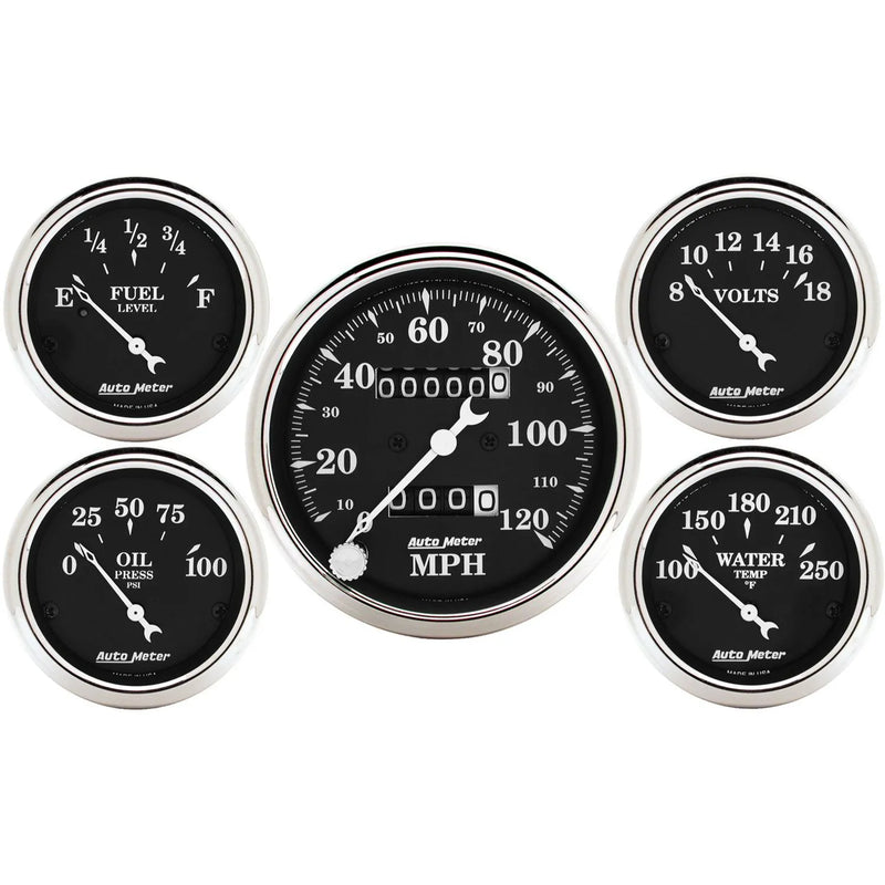 Autometer 5 Pc. Gauge Kit 3-1/8" & 2-1/16" Mechanical Speedometer Old Tyme Black