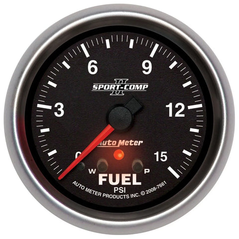 Autometer 2-5/8" Fuel Pressure w/Peak & Warn 0-15 PSI Stepper Motor Sport-Comp II