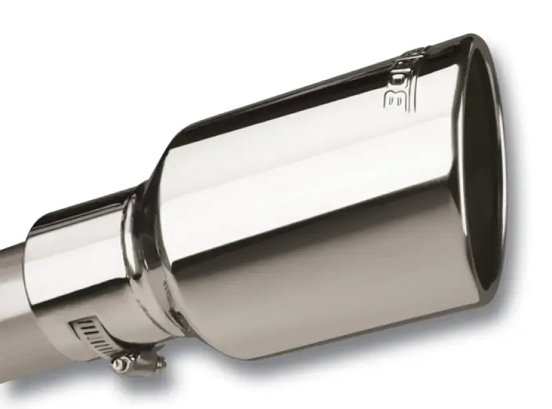 Borla Exhaust Polished Tip Single Round Rolled Angle-Cut w/Clamp - Inlet 2 1/2in. Outlet 4 x 4in