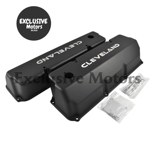 Ford Cleveland (1969-1982) Black Logo Cast Aluminium Valve Covers 302 351