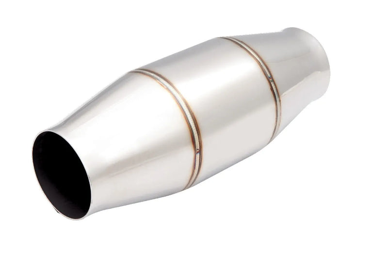 XForce Hi-Flow Racing Catalytic Converter Round Metallic - 2.5in Inlet - 4in Body - 6in Body Length 12in Total - 200 Cell
