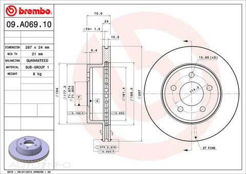 Brembo Disc Rotor Front Ford Falcon AU 98-On - 09.A069.10