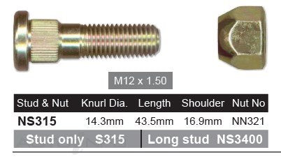 Nice Wheel Stud & Nut Holden Hyundai Mitsubishi - NS315