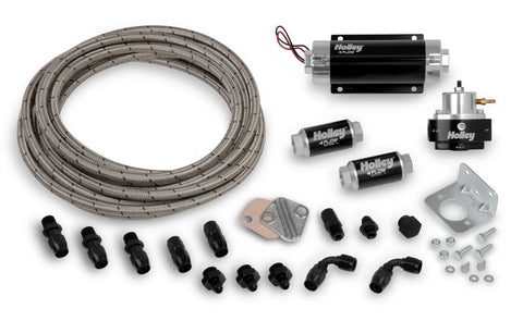 Holley EFI Fuel System Kit Billet Fuel Pump, Billet Regulator, Billet Filters, Earl's Stainless Perform-O-Flex hos...