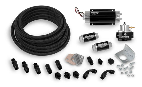 Holley EFI Fuel System Kit Billet Fuel Pump, Billet Regulator, Billet Filters, Earl's Pro-Lite 350 Black hose, Swi...