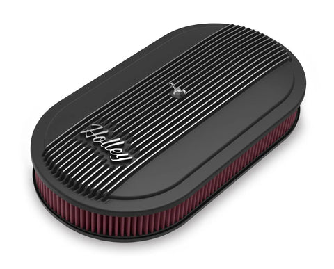 Holley Vintage Series Oval Air Cleaner - Satin Black Machined 2.5 x 17 x 9 Inch Red Cotton Gauze Filter Element - S...