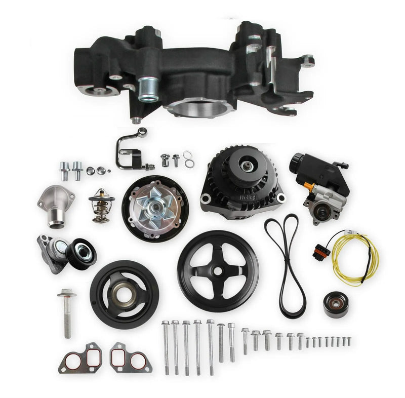 Holley Mid-Mount Race Accessory System-Black Finish LS Engine Drive includes Alternator, P/S Pump, Tensioner, Crank Damper, Belt, & Pulleys