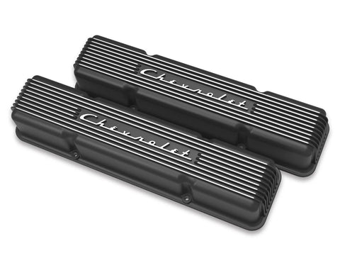 Holley GM Licensed Vintage Series SBC Valve Covers Satin Black Machined Finish — fits Chevrolet Camaro Gen 1