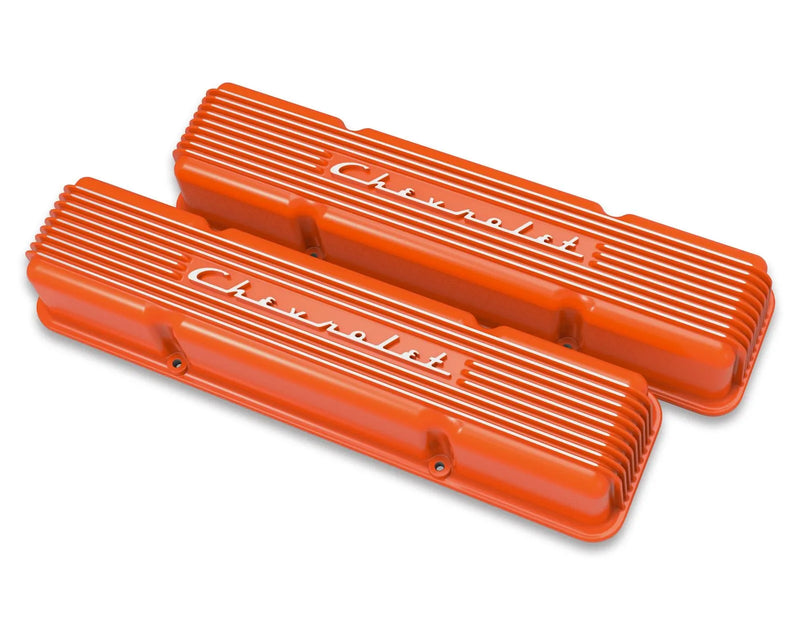 Holley - Factory Orange Machined Finish GM Style Finned "Script" Perimeter Bolt Valve Cover Pair SBC - Factory Orange Machined Finish