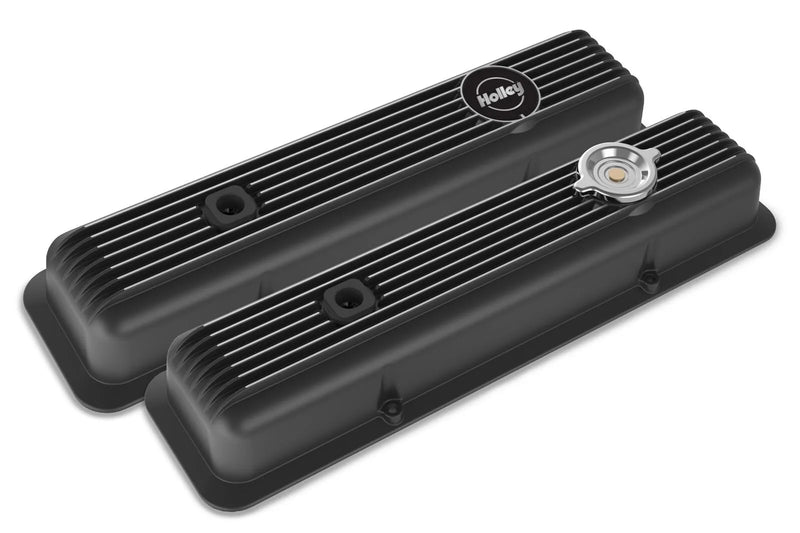 Holley Valve Covers - Muscle Series - Finned - SBC - Satin Black Machined Chevrolet Small Block - Perimeter Bolt...