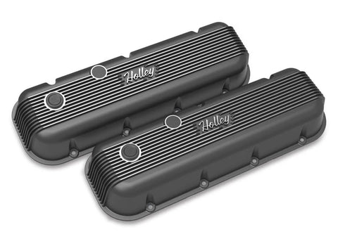 Holley Vintage Series Finned Valve Covers - BBC - Satin Black Machined — fits Chevrolet Camaro Gen 1