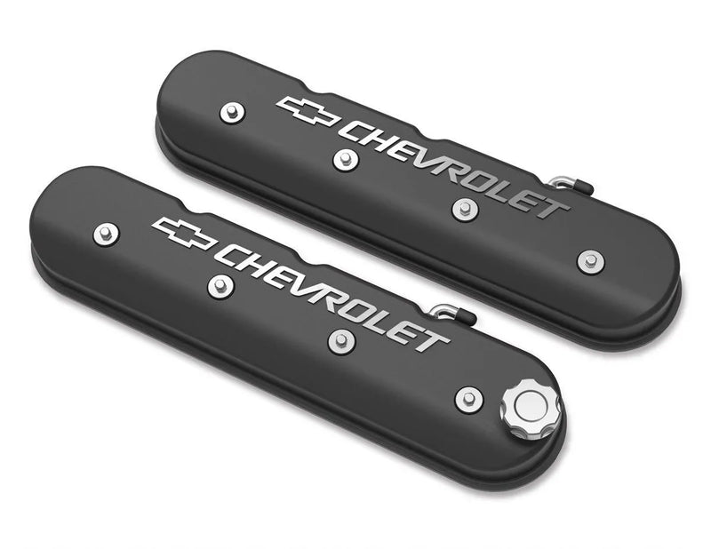 Holley Tall LS Valve Cover with Bowtie/Chevrolet Logo - Satin Black Machined Finish Includes Lengthened Hardware, O...