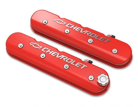 Holley Tall LS Valve Cover with Bowtie/Chevrolet Logo - Gloss Red Machined Finish Includes Lengthened Hardware, OE...