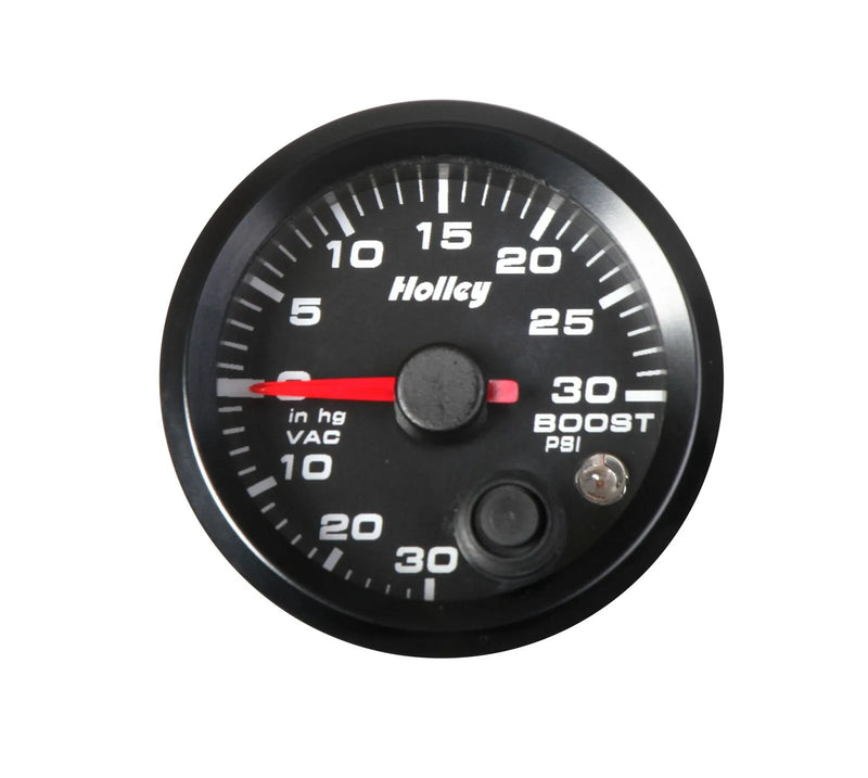 Holley Analog Style Boost/Vacuum Gauge Black 2-1/16" Boost/Vac -30inhg/30psi- logo