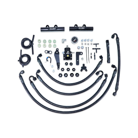 IAG Performance PTFE Fuel System Kit w/ Aeromotive FPR, Fuel Rails - Black (WRX 08-14/STI 08-21) — fits Subaru Impreza