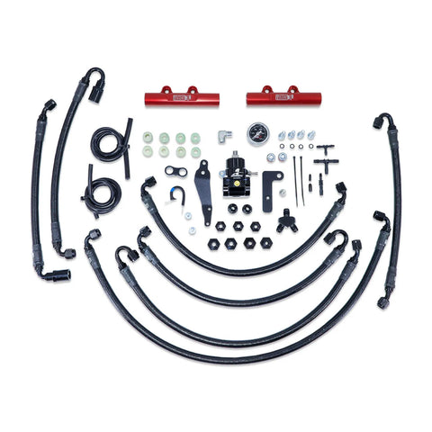 IAG Performance PTFE Flex Fuel System Kit w/ Aeromotive FPR, Fuel Rails - Red (WRX 08-14/STI 08-21) — fits Subaru I...