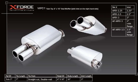 XForce 3.5in Inlet Straight-Cut Twin Tip, 6in x 10in Oval Muffler with Flange