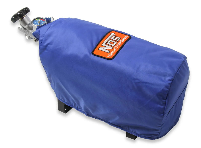 NOS Nitrous Bottle Blanket 7" diameter blue bottle blanket with velcro closure. For 10 lb nitrous bottles.