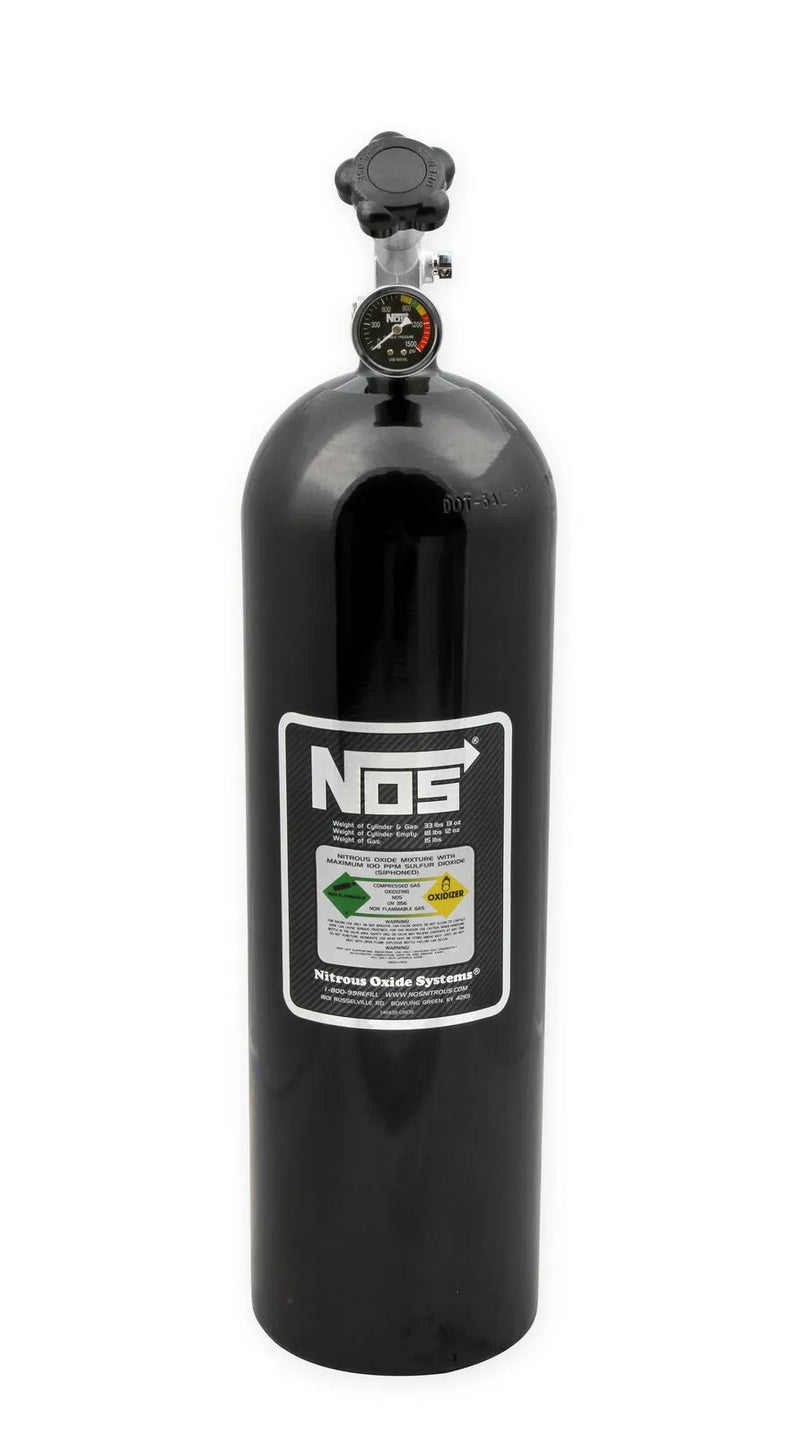 NOS Nitrous Bottle 15 lb Nitrous Bottle w/ Black Finish & Super Hi Flo Valve w/ Gauge