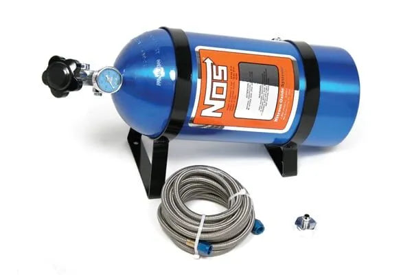 NOS Nitrous Bottle 10 lb Nitrous Bottle w/ Blue Finish & Super Hi Flo Valve w/ Mounting Brackets & Gauge