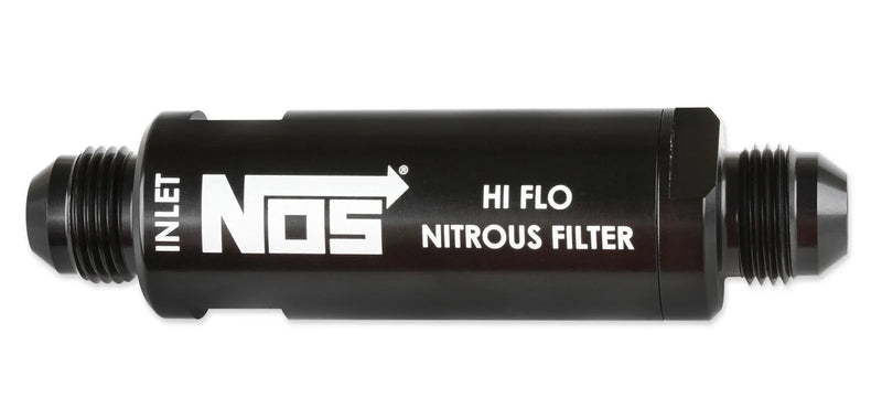 NOS In-Line Hi-Flow Nitrous Filter, 8AN - Black High pressure nitrous filter, -8AN x -8AN in-line billet aluminum 1...