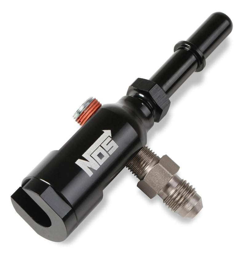 NOS Late Model Billet Fuel Line Adapter - Fits 3/8" Fuel Rail Black Anodized Aluminum - 3 1/8" NPT Ports w/ Adapter...
