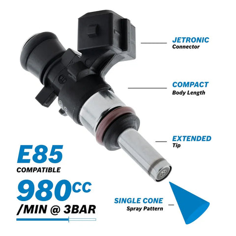 Proflow Bosch Motorsport Fuel Injector, 980cc, EV14 Jetronic, Short Body Length with Extended Tip, 0280158040, Each
