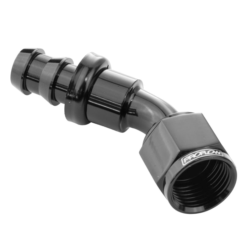 Proflow 45 Deg Push On Hose End # 6 Black PFE402-06BK