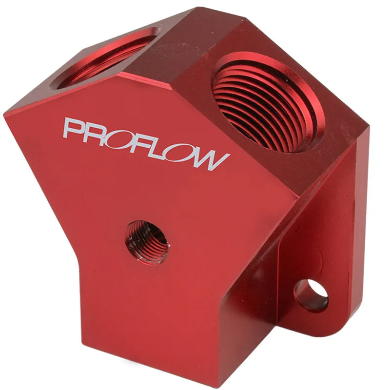 Proflow Billet AN Fuel Block -12ANin -10AN Out w/1/8in NPT Port Red