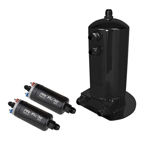 Proflow Fuel Surge Tank & Pump Kit Fabricated Aluminium 254mm x 108mm Round 2.5L 2 x 044 style Pumps Black Anodised