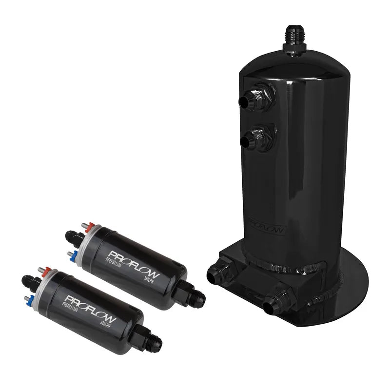Proflow Fuel Surge Tank & Pump Kit Fabricated Aluminium 254mm x 108mm Round 2.5L 2 x 044 style Pumps Black Anodised