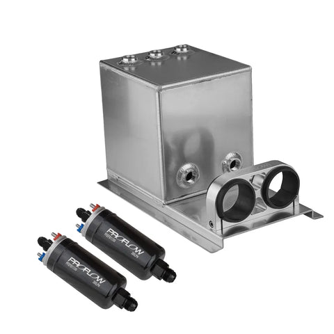 Proflow Fuel Surge Tank & Pump Kit Fabricated Aluminium Square 2x 044 Pumps 200mm x 200mm x 180mm 5L Polished