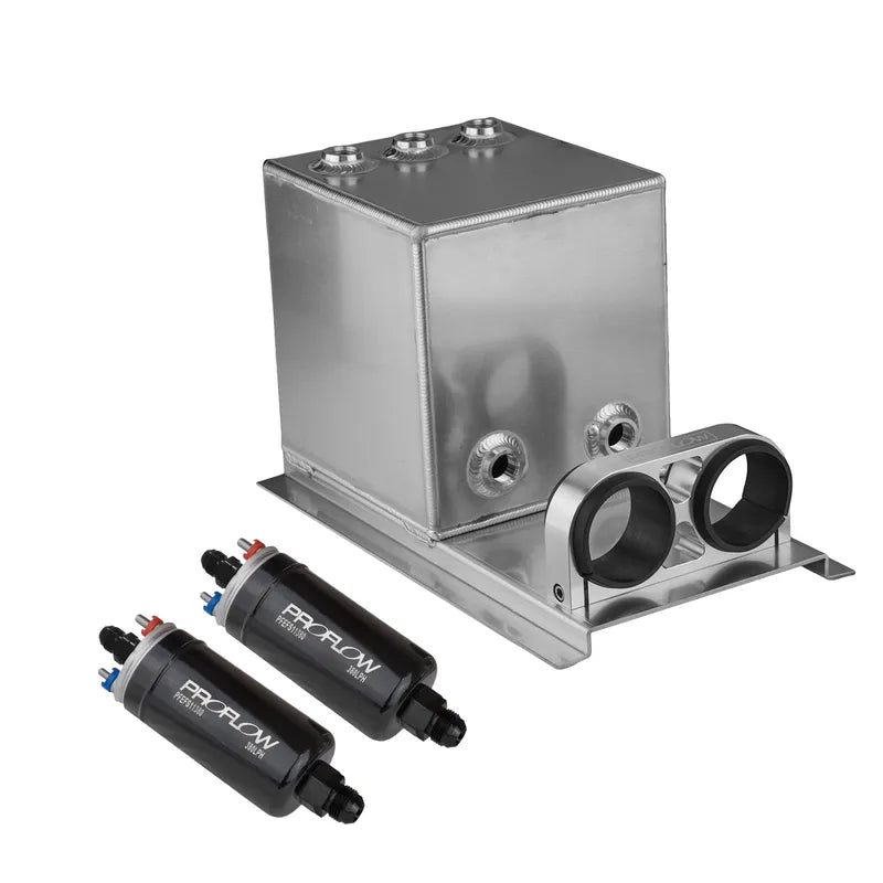 Proflow Fuel Surge Tank & Pump Kit Fabricated Aluminium Square 2x 044 Pumps 200mm x 200mm x 180mm 5L Polished
