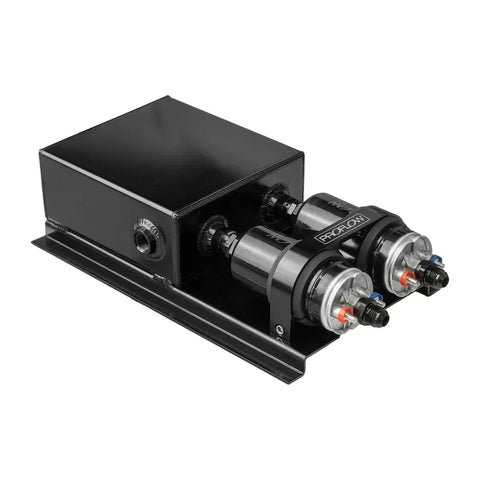 Proflow Fuel Surge Tank & Pump Kit Fabricated Aluminium Undercar 2 x 044 Pump 80mm x 200mm x 180mm 2.5L