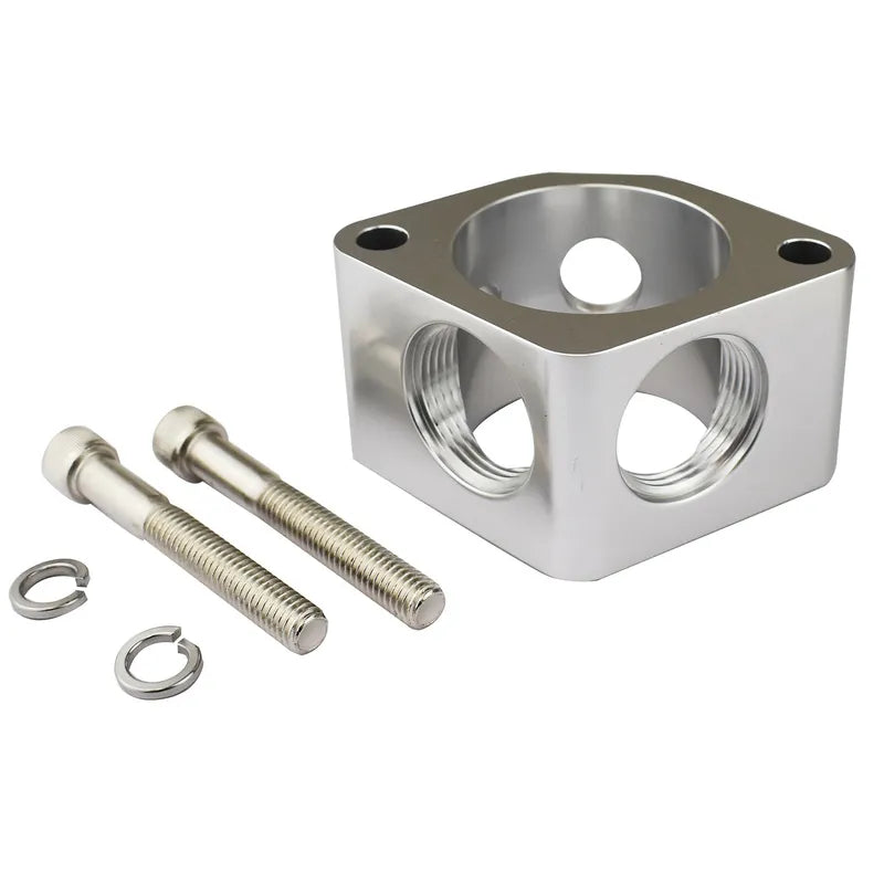 Proflow Water Neck Spacer 2 Billet Aluminium Silver 2 x AN16 Outlets 2 x 1/8in NTP Ports For Chevrolet