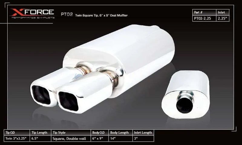XForce 2.25in Inlet Twin Square Tip, 6in x 9in Oval Muffler