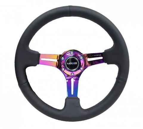 NRG Reinforced Steering Wheel - 350mm / 3in. Deep - Black Leather and Stitch w/Neochrome Slit