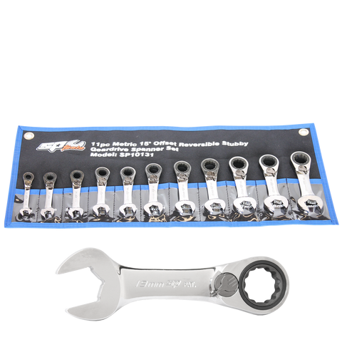 SP Tools Gear Drive ROE Quad Drive Spanner Set - Stubby - 15° Offset - Metric - 11pc