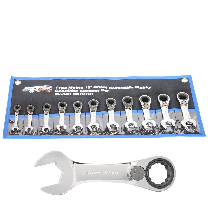SP Tools Gear Drive ROE Quad Drive Spanner Set - Stubby - 15° Offset - Metric - 11pc