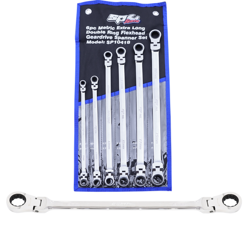 SP Tools Flex Head Double Gear Drive Ring Spanner Set - Extra Long - Metric 6pc