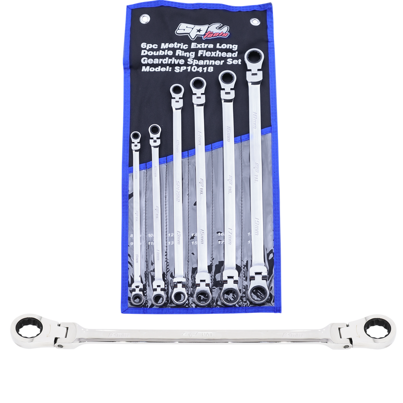SP Tools Flex Head Double Gear Drive Ring Spanner Set - Extra Long - Metric 6pc