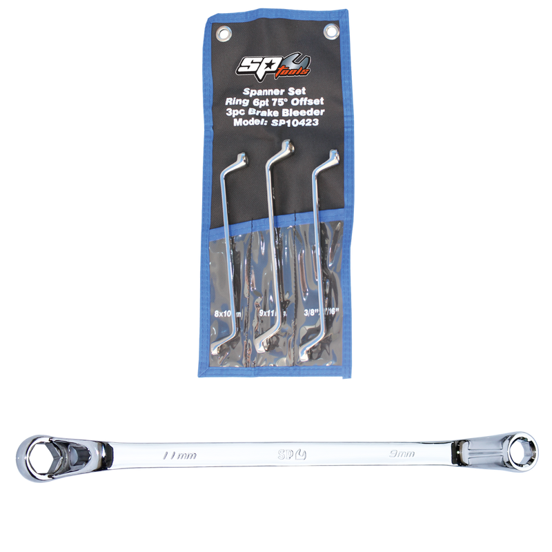 SP Tools Double Ring Brake Bleeder Spanner Set - 75° Offset - Metric & SAE - 3pc