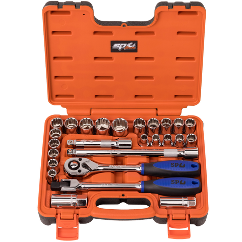 SP Tools 1/2" Drive Socket Set in X-Case - Metric/SAE - 12pt - 26pc