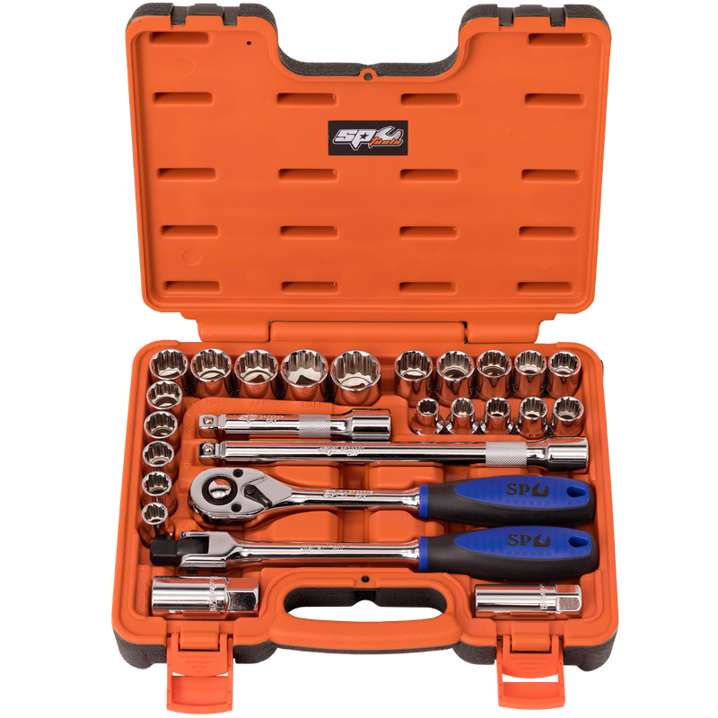 SP Tools 1/2" Drive Socket Set in X-Case - Metric/SAE - 12pt - 26pc