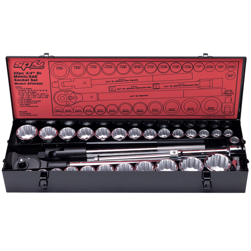 SP Tools 3/4" Drive Socket Set - Jumbo Sizes - Metric/SAE - 12pt - 32pc