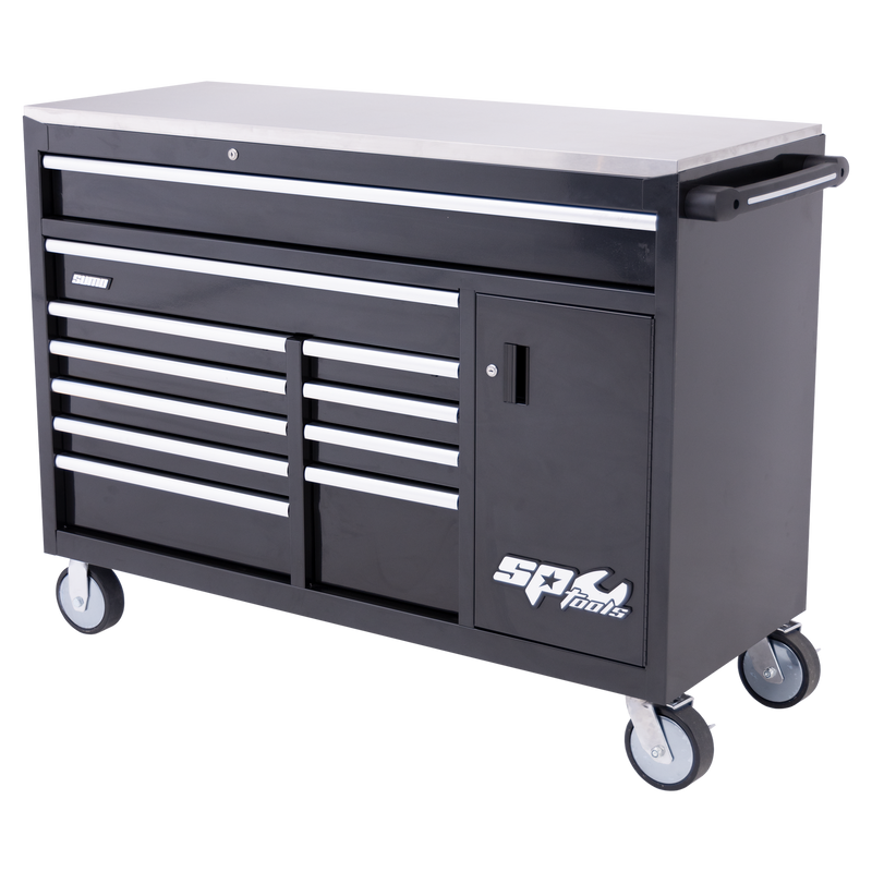 SP Tools Sumo Series Roller Cabinet with Power Tool Cupboard and Built-in Power Board - 12 Drawer - Black/Crome