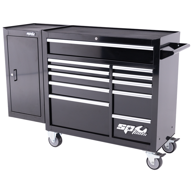SP Tools Custom Series Roller Cabinet with Side Cabinet - 11 Drawer - Black/Chrome